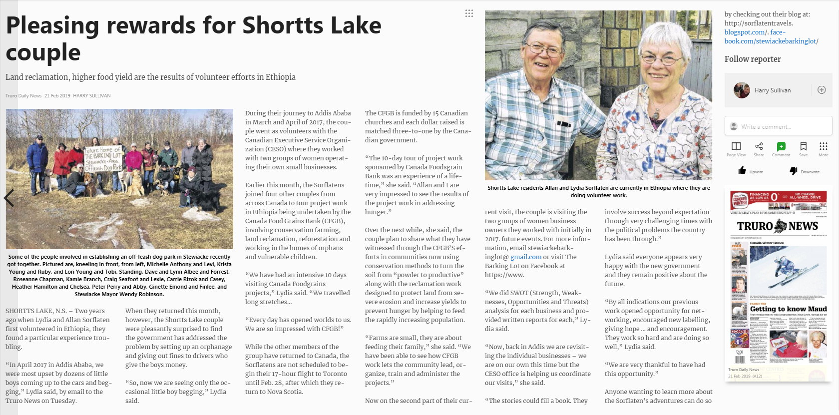 Truro Daily News, Nova Scotia: Pleasing rewards for Shortts Lake couple